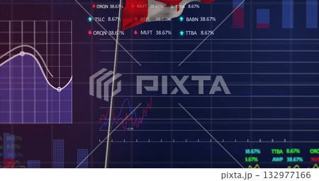 Displaying digital stock dashboard on monitor, with purple line graph, circular markers and tickers Displaying digital stock dashboard on monitor, with purple line graph, circular markers and tickers 132977166