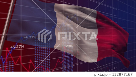 Waving French flag showcasing grid lines in digital space, with line and bar graphs and percentages Waving French flag showcasing grid lines in digital space, with line and bar graphs and percentages 132977167