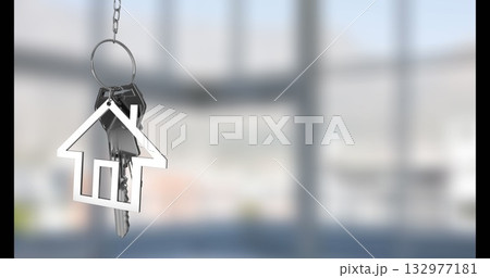 Displaying silver keyring holding house keychain and two keys in empty room, with diffused light 132977181
