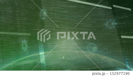 Displaying holographic code panels streaming data at digital console, with planetary horizon 132977190