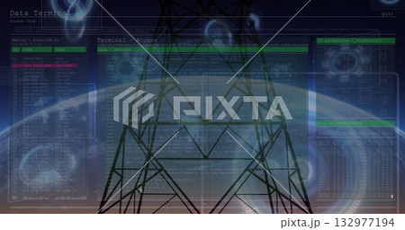 Standing transmission tower silhouette over Earth horizon at dusk, with code terminals, HUD circles Standing transmission tower silhouette over Earth horizon at dusk, with code terminals, HUD circles 132977194