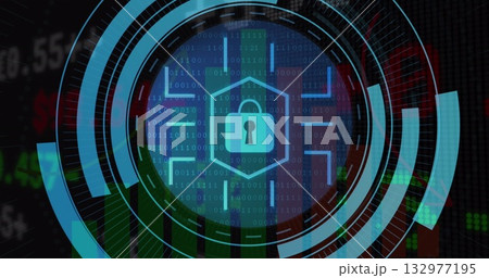 Displaying padlock icon securing virtual interface at dashboard, with binary digits and bar charts 132977195