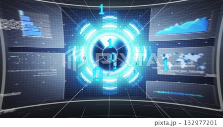 Animating holographic circular interface with binary digits and panels over floor in control center 132977201