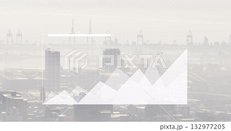 Showing white chart overlay over urban skyline in morning haze, with grid axes, peaks and valleys 132977205