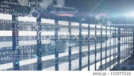 Illuminating server racks streaming data lines at digital data center, with code overlays Illuminating server racks streaming data lines at digital data center, with code overlays 132977210