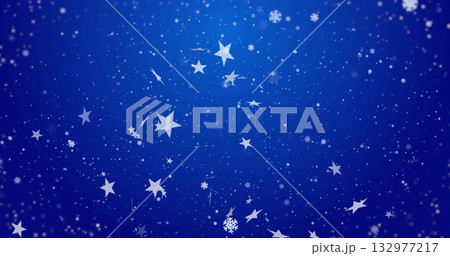Dancing white snowflakes and star shapes over deep blue gradient background, festive design Dancing white snowflakes and star shapes over deep blue gradient background, festive design 132977217