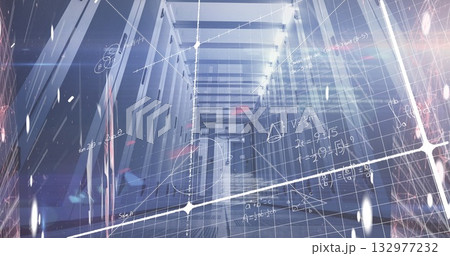 Displaying central corridor of server racks lining data center, with LEDs and grid formulas overlay 132977232