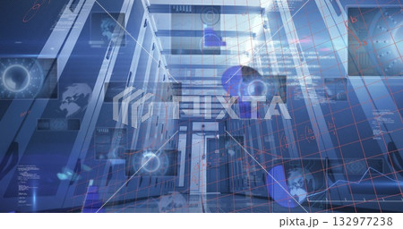 Showcasing data center corridor featuring server racks and floating holograms, with cable trays 132977238