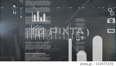 Displaying data overlay over blurred city skyline, with white bar charts, progress chart and icons 132977239