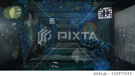 Displaying holographic world map projection filling control hub corridor, with hexagonal clusters Displaying holographic world map projection filling control hub corridor, with hexagonal clusters 132977243