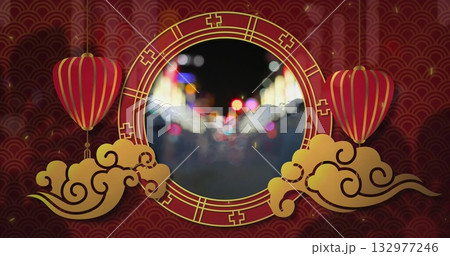 Featuring gold frame showing blurred city lights at red backdrop, with red lanterns and gold clouds 132977246