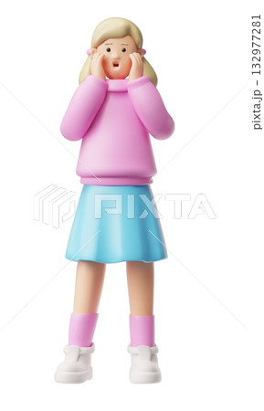 A full-length 3D figure of a girl in a pink blouse and blue skirt screaming "au." 132977281