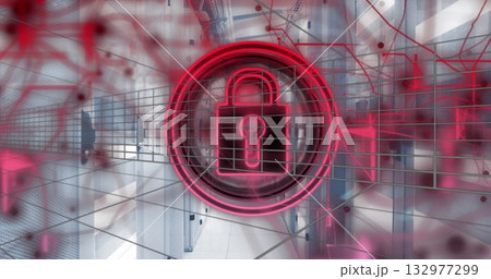 Glowing neon-red padlock floating in data center corridor, with wireframe grid and server racks Glowing neon-red padlock floating in data center corridor, with wireframe grid and server racks 132977299