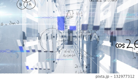 Showcasing server racks running in high-tech data center corridor, with floating math symbols Showcasing server racks running in high-tech data center corridor, with floating math symbols 132977312