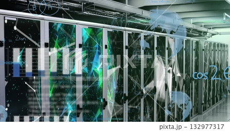 Presenting server racks showing LED lights in data center corridor, with cable trays and holograms 132977317