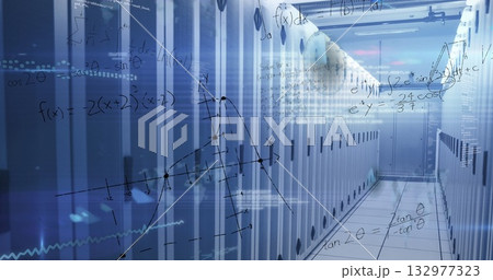 Illuminating data center corridor showing tall server racks and cable panels, with floating code Illuminating data center corridor showing tall server racks and cable panels, with floating code 132977323