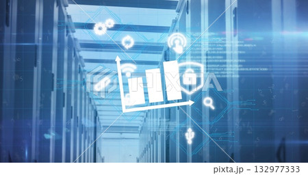 Holographic bar chart and security icons floating in data center corridor, with server racks 132977333