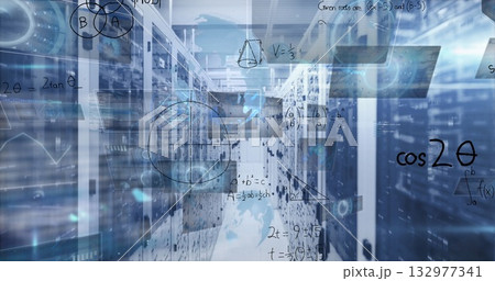 Displaying math overlays above server cabinets in data center corridor, with patch cables Displaying math overlays above server cabinets in data center corridor, with patch cables 132977341