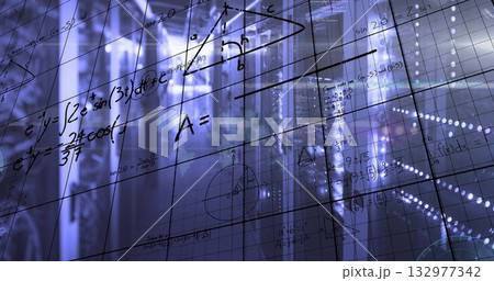 Displaying cluster of server racks featuring LEDs, grid overlay in data center, with math formulas Displaying cluster of server racks featuring LEDs, grid overlay in data center, with math formulas 132977342