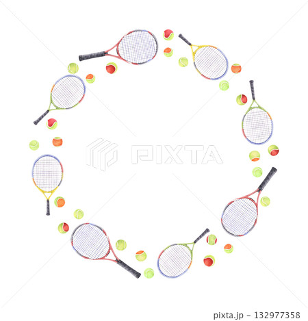 Wreath of tennis racket and balls watercolor frame 132977358