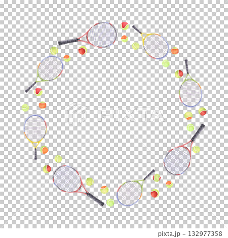 Wreath of tennis racket and balls watercolor frame 132977358
