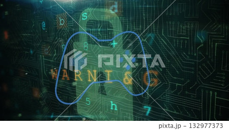 Displaying green padlock hovering over circuit traces, wireframe gamepad and glitching WARNING text 132977373