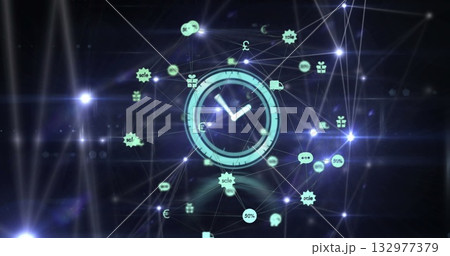 Glowing analog clock face connecting network and floating currency, marketing icons in digital grid 132977379