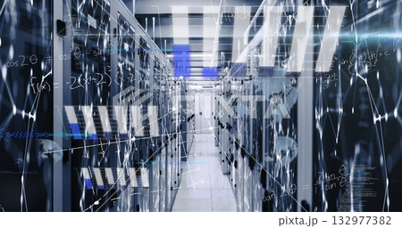 Displaying central data center corridor hosting glowing network diagrams, with server racks 132977382