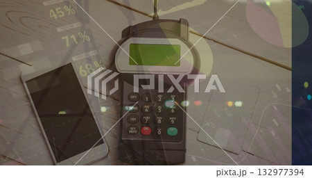 Showing credit card payment terminal processing payment on desk, with smartphone and two credit ca Showing credit card payment terminal processing payment on desk, with smartphone and two credit ca 132977394