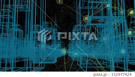 Wireframe cuboids connecting into digital void with yellow-green lines linking hexagonal data nodes Wireframe cuboids connecting into digital void with yellow-green lines linking hexagonal data nodes 132977424