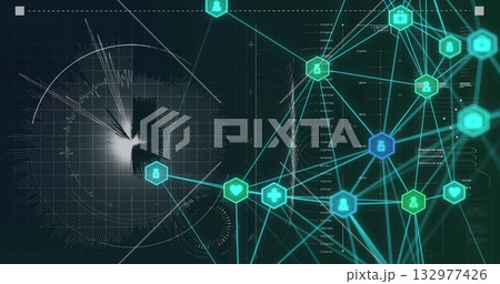 Displaying hexagonal icon nodes flowing data with glowing lines over grid on display, copy space 132977426