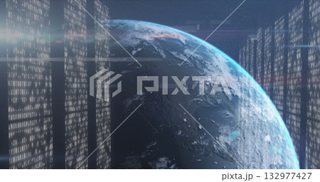 Rotating Earth globe floating in futuristic data interface with translucent binary code panels 132977427