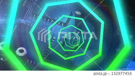 Extending neon green hexagon frames forming tunnel in cyberspace with circuit board, binary overlay Extending neon green hexagon frames forming tunnel in cyberspace with circuit board, binary overlay 132977458