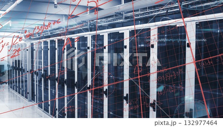 Showing server racks, LEDs, fiber cables and cable trays in data center, with red grid overlay 132977464