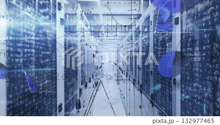 Receding data center corridor showing glowing LEDs and cables, binary code and graph overlays Receding data center corridor showing glowing LEDs and cables, binary code and graph overlays 132977465