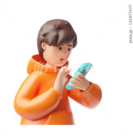 A 3D boy in an orange hoodie, holding a smartphone and pressing a button, close-up. A 3D boy in an orange hoodie, holding a smartphone and pressing a button, close-up. 132977477