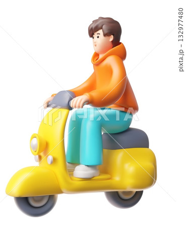 Boy teenager on the yellow moped 3D cartoon plastic style, vector render male character ride motorbike transport 132977480