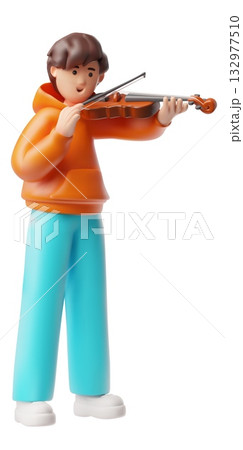 Brunette teenager boy plays the violin, vector 3D cartoon musical education, kid artist on string instrument performance 132977510