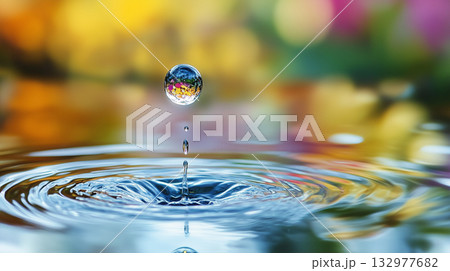 Water drop falling. Drop of water falling into a rippled surface of water 132977682