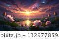 幻想的な星空と夕焼けに輝く古代蓮の池の風景 132977859