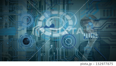 Image of 5g text banner and round scanners over caucasian female engineer at server room 132977875