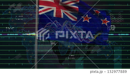 New Zealand flag waving in map dashboard, with grid lines hexagon overlays and line graphs New Zealand flag waving in map dashboard, with grid lines hexagon overlays and line graphs 132977889