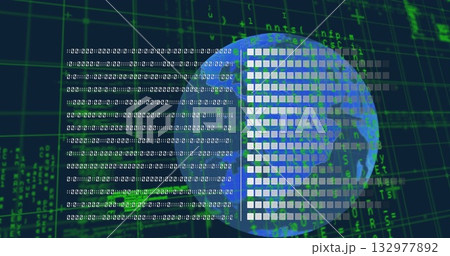 Revolving globe in data environment, with white square blocks, binary code, green alphanumeric grid Revolving globe in data environment, with white square blocks, binary code, green alphanumeric grid 132977892