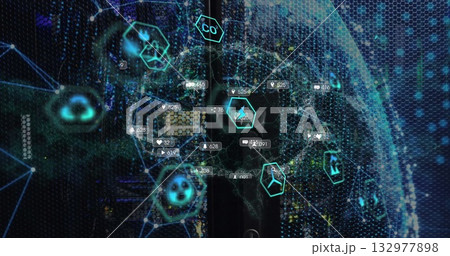 Displaying global data network tracking environmental metrics in dashboard with neon hexagon icons Displaying global data network tracking environmental metrics in dashboard with neon hexagon icons 132977898