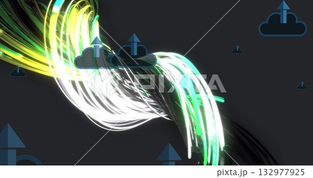 Swirling multicolored light trails twisting across dark digital backdrop, with cloud upload symbols 132977925