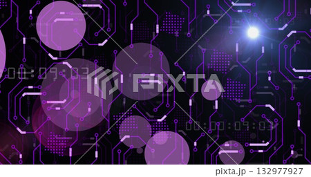 Glowing circuit traces pulsing in digital design environment, with violet circles and neon nodes Glowing circuit traces pulsing in digital design environment, with violet circles and neon nodes 132977927
