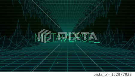 Glowing neon METAVERSE_ text hovering above wireframe grid tunnel, with peaks and line-graph meshes 132977928