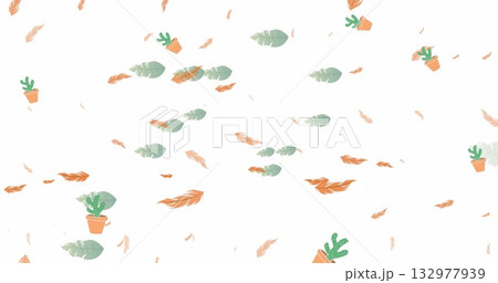 Featuring pattern of succulent cacti in orange pots on white canvas, with green leaves and feathers Featuring pattern of succulent cacti in orange pots on white canvas, with green leaves and feathers 132977939