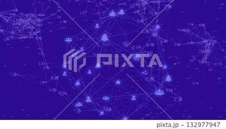 Showcasing glowing network sphere forming data web in digital space, with icon nodes and labels 132977947
