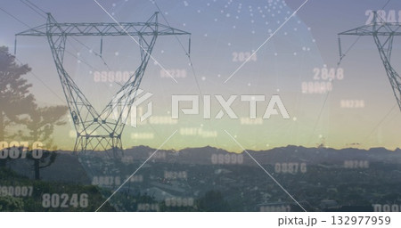 Standing lattice power pylon overlooking valley hill at dusk, with floating numerical data overlay 132977959